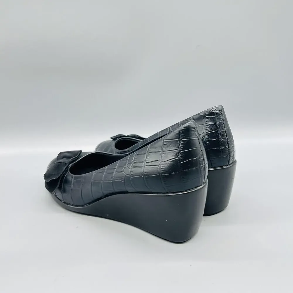 Vionic Shoes Women 9 Black Croc Lena Wedge Bow Pumps Round Toe Slip On